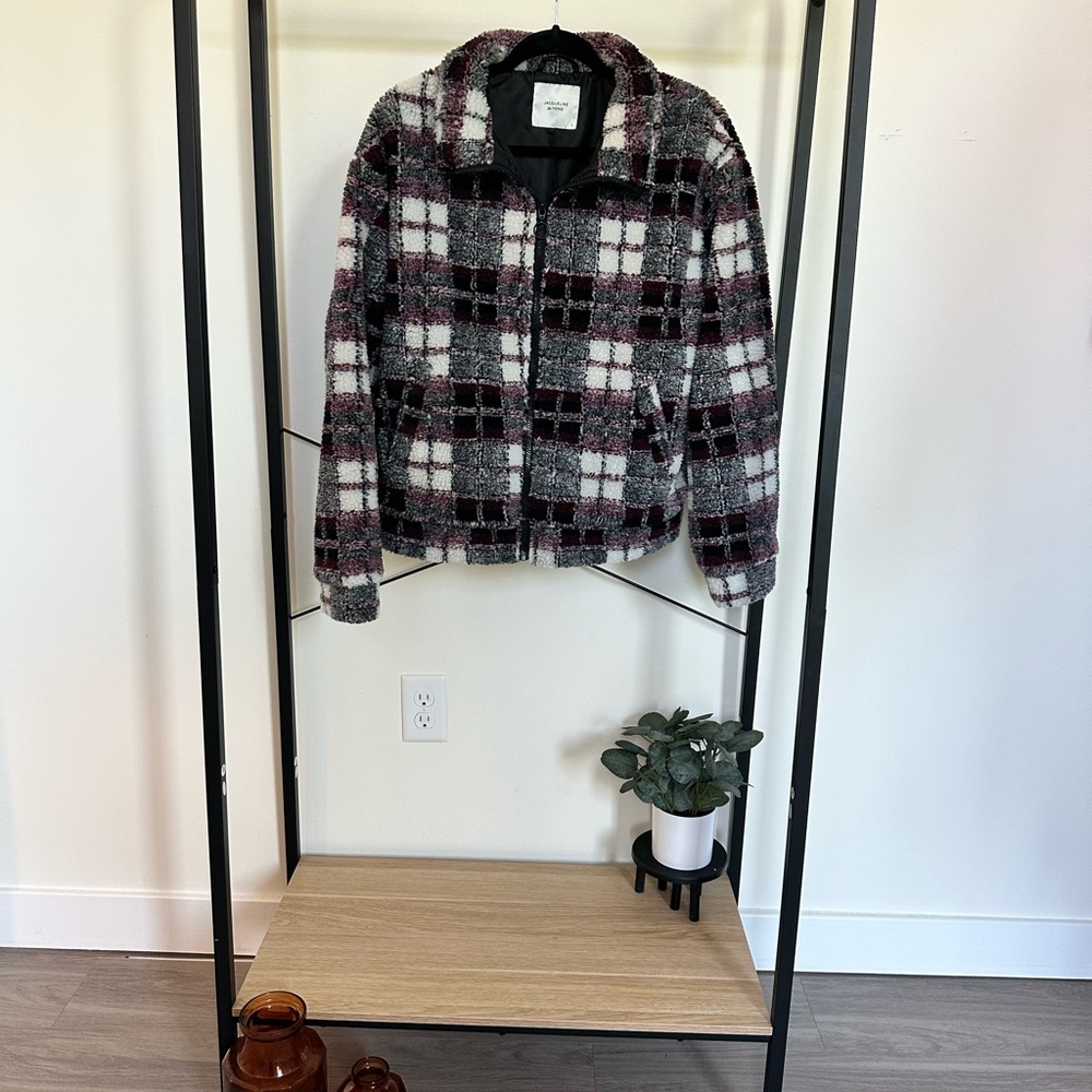 Multi color plaid large puffer teddy jacket with funnel neck
